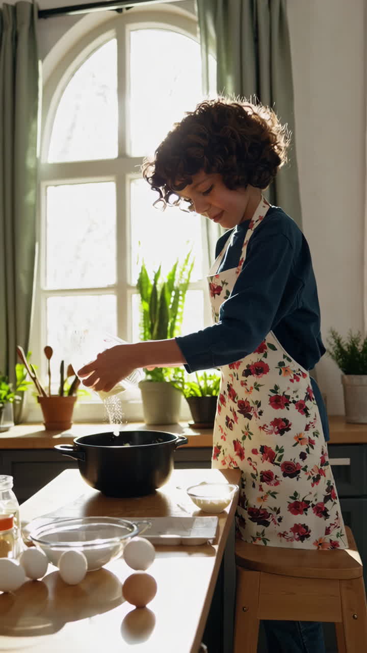 Young boy cooking and preparing food in the kitchen
