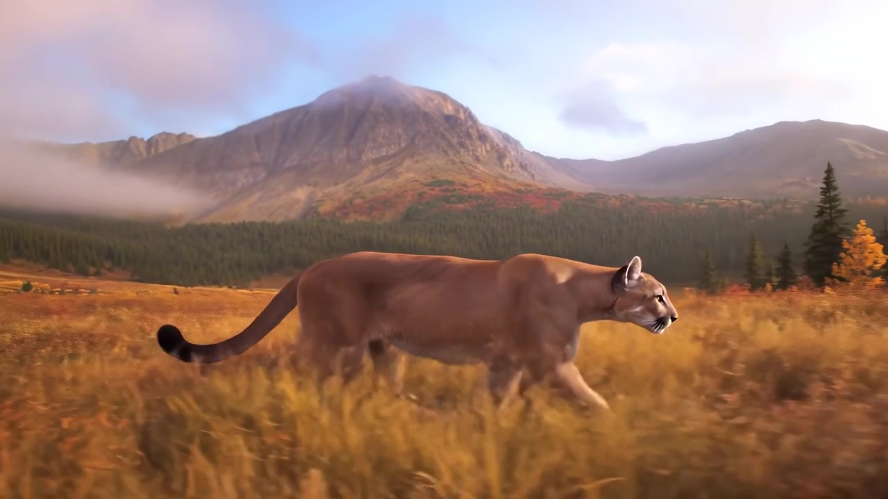 Puma caminando por una pradera verde en las montañas