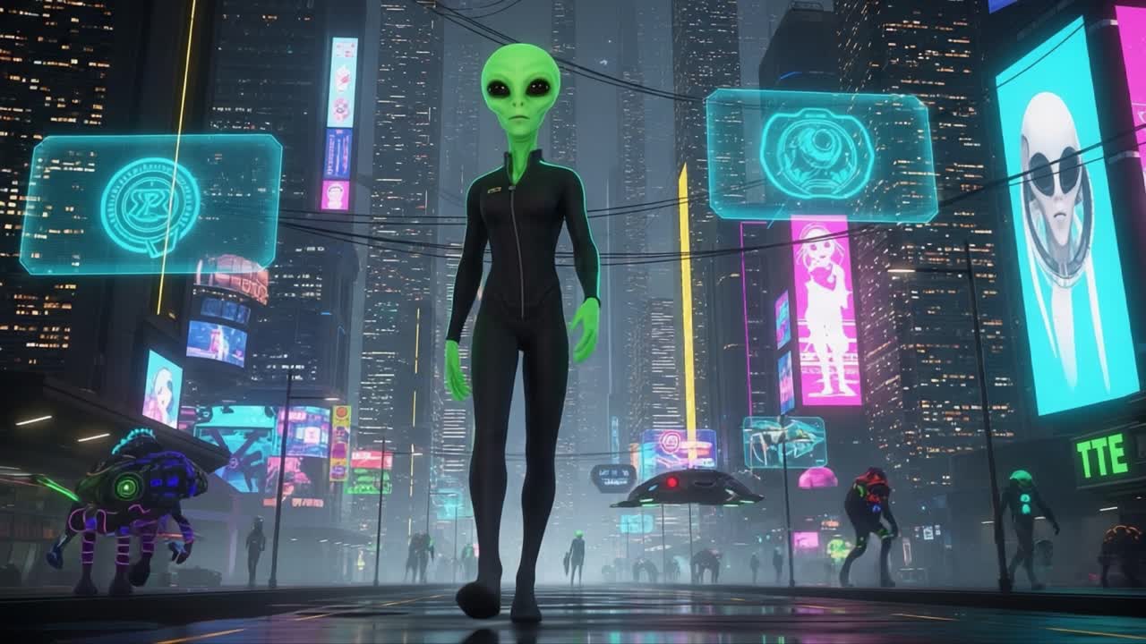 Et futuristisk urbant landskap med et utenomjordisk vesen som spaserer gjennom neonbelyste gater, omgitt av avansert teknologi og minneverdige reklamer