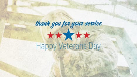 animation of happy veterans day thank you text over male soldier aiming gun