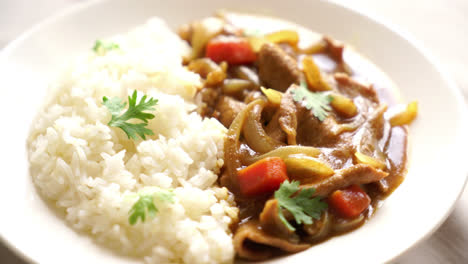 japanese curry rice with sliced pork, carrot and onions