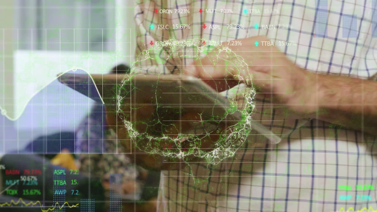 Using tablet, business person analyzing stock market data with digital animation