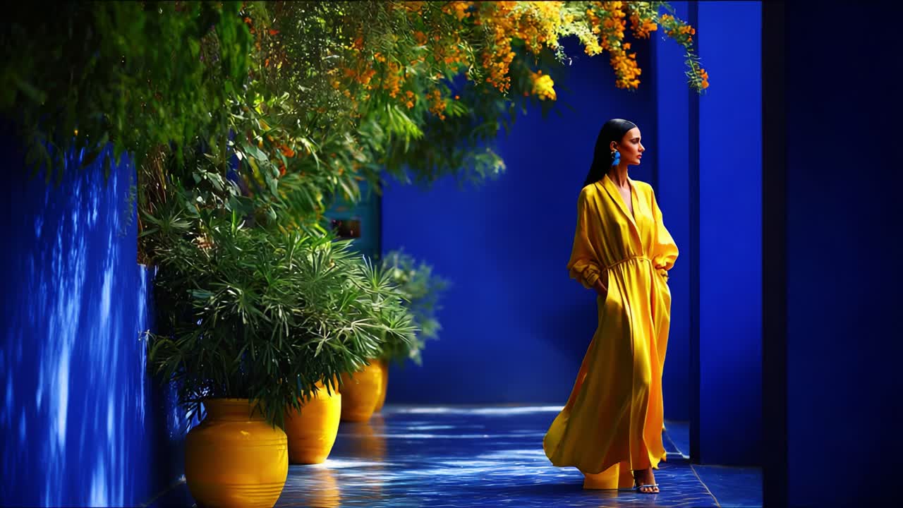 A serene moment captured, showcasing a graceful figure in a flowing yellow gown amidst lush greenery and vibrant blue surroundings, exuding elegance and tranquility in a picturesque setting