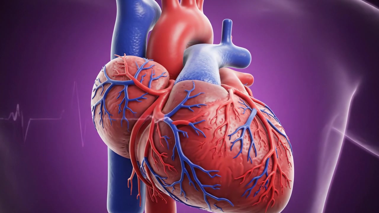A Detailed 3D Rendering of the Human Heart Illustrating Anatomical Features Including Chambers, Valves, and Blood Vessels in a Vivid Visualization