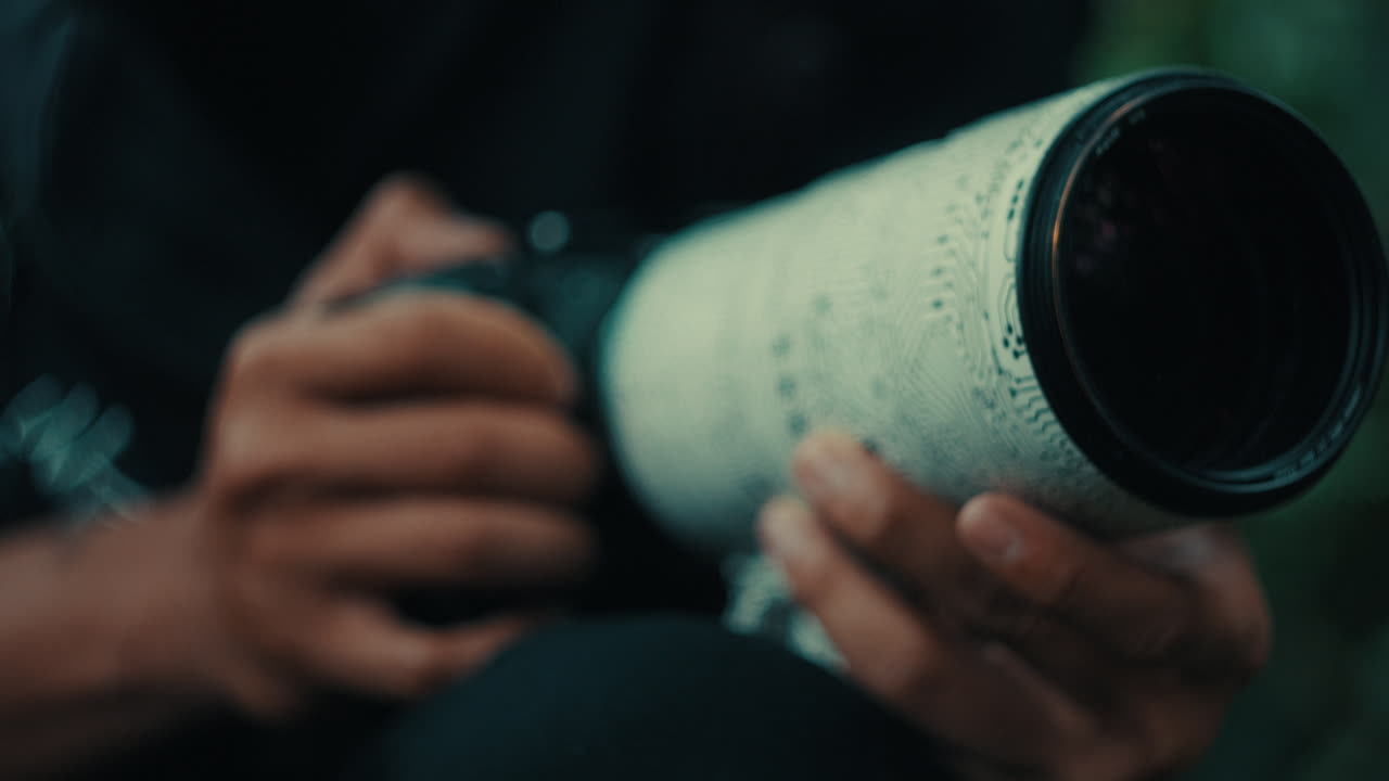 A cinematic close-up shot showing a photographer's hands gripping a professional camera body equipped with a high-end white telephoto lens, emphasizing technical precision on set