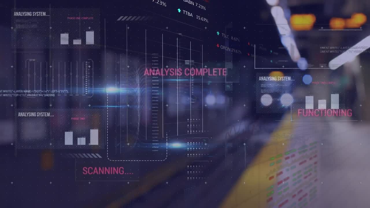 Animation of digital screen with diverse data and graphs over blurred night road traffic