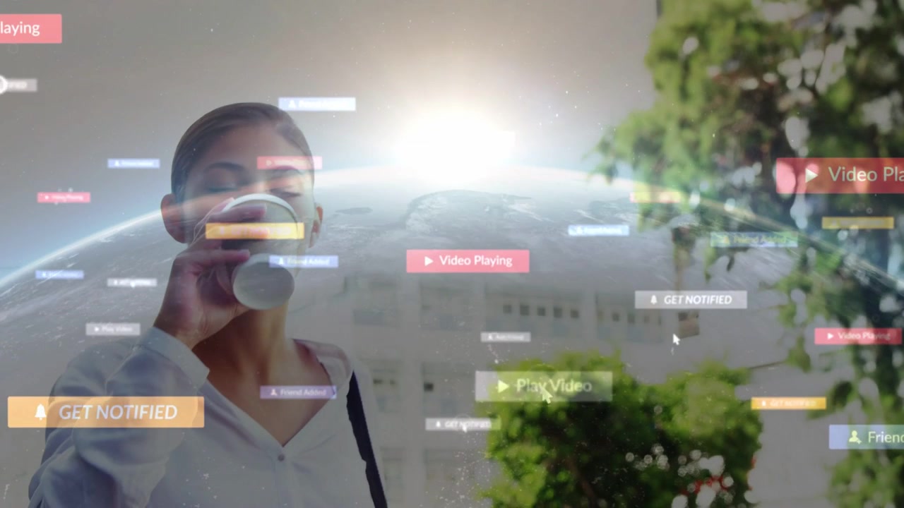 Woman holding coffee cup in city, globe arc sweeping activating UI while sipping in marketing