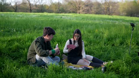 couple playing cards in a field