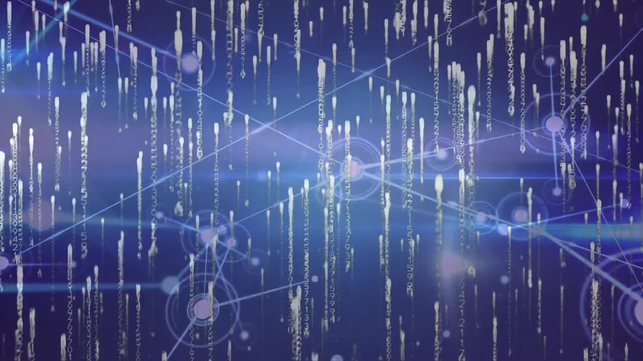 Animation of glowing network of connections with falling light trails, on black