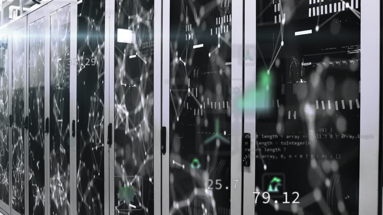 Animation of multiple icons with computer language and connected dots over data server racks