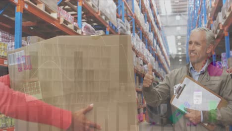 animation of financial data over diverse male warehouse workers