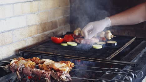 grilled meat skewers. meat preparing on barbecue grill over charcoal