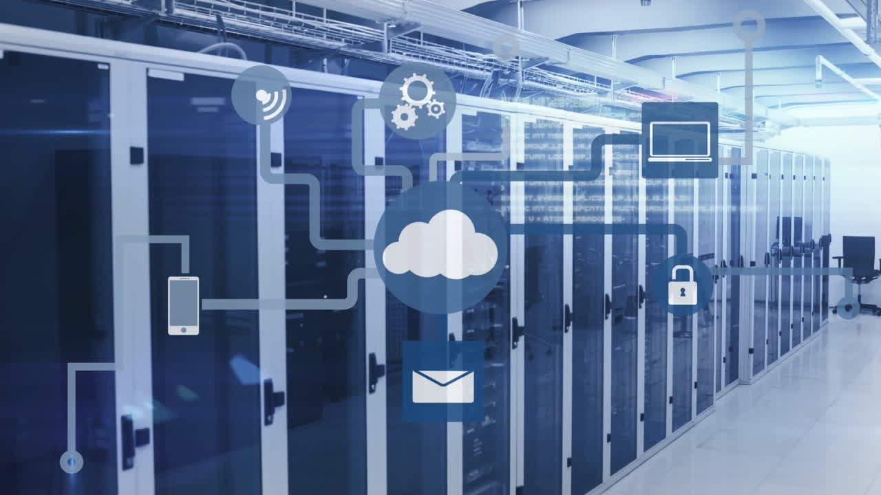 animación del procesamiento de datos y los iconos de los medios en la sala del servidor
