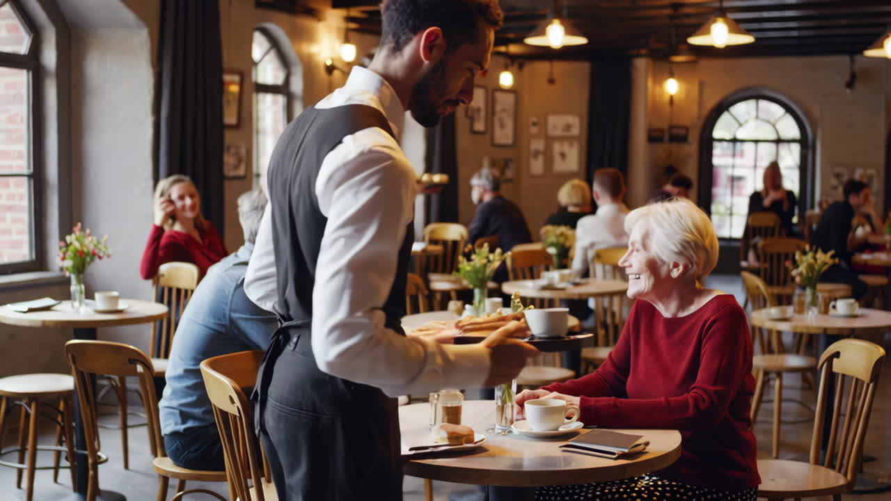 Waiter Serving Food and Drink in a Cafe