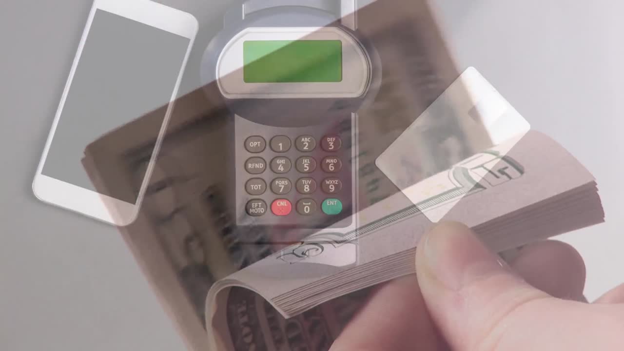 미국 달러 지폐와 결제 터미널의 애니메이션