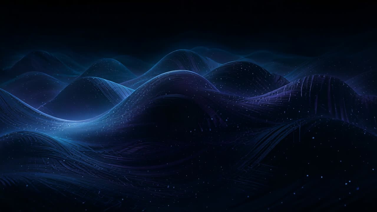 Animation starting, shifting lit ridges advancing in dark sea, showing cyan purple hues and specks