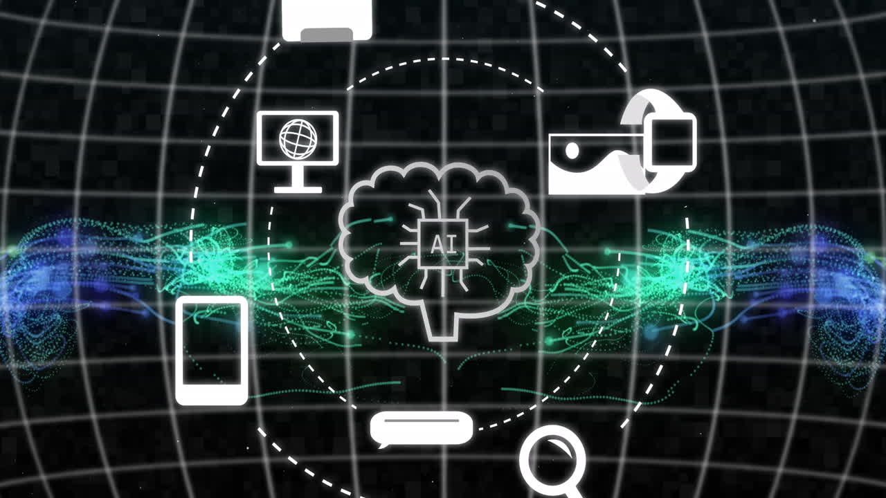 animación de chat artificial y procesamiento de datos a través de senderos de luz y cuadrícula