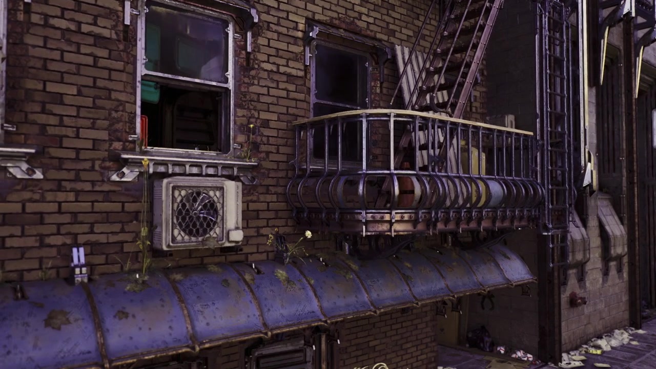 Sfondo urbano industriale con facciata di edificio fatiscente e illuminazione drammatica.