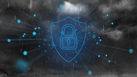 Security-shield-and-padlock-icon-and-blue-light-trails-against-rain-and-dark-clouds-in-the-sky