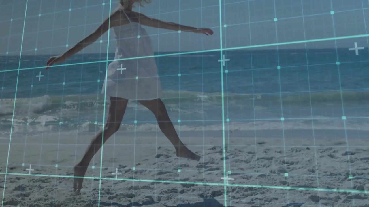 Digital grid appearing triggers woman walking beach, lifting leg and spinning for motion mapping