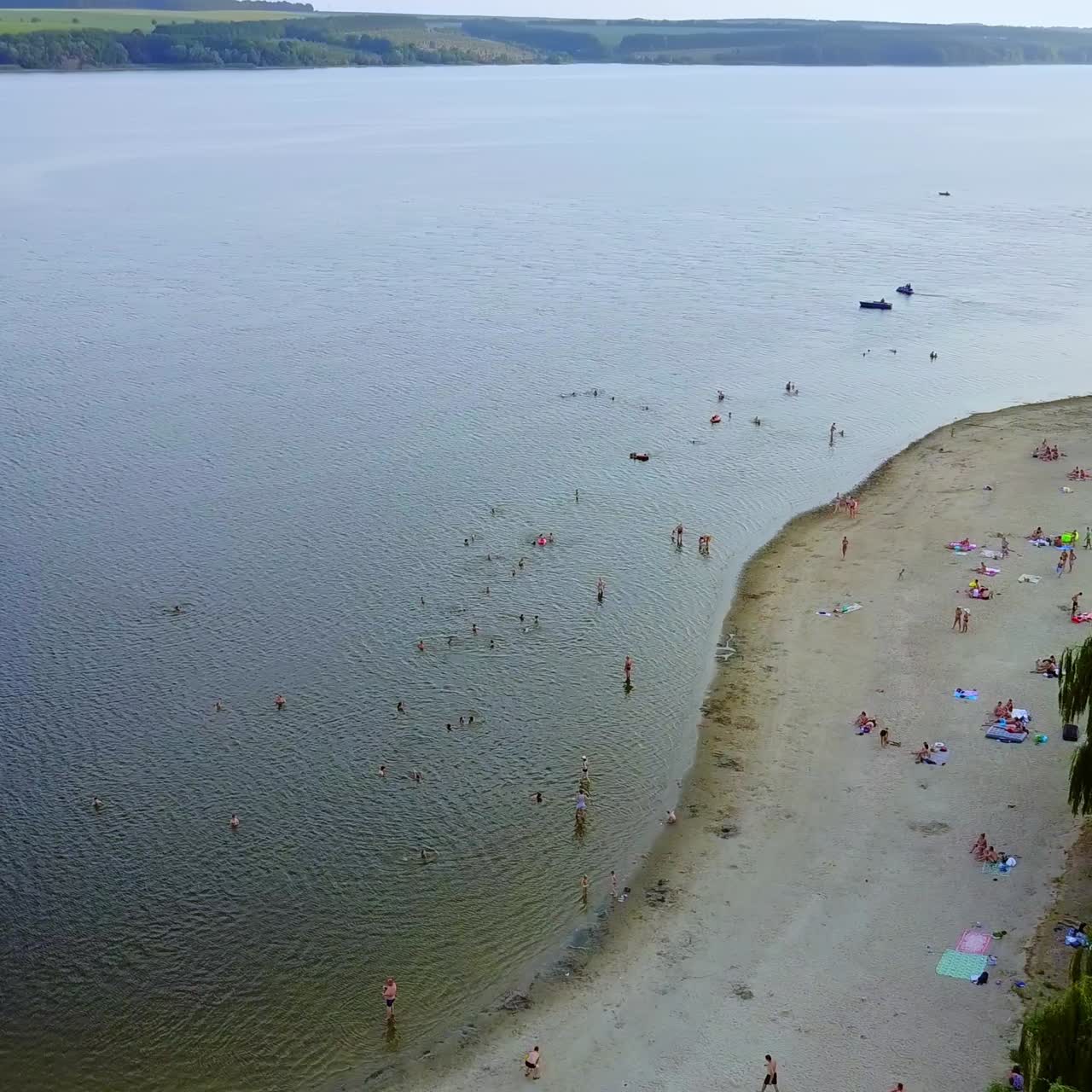 Weeping willows and birch trees growing on the river bank. People resting at the sandy beach in the provincial city. Top view