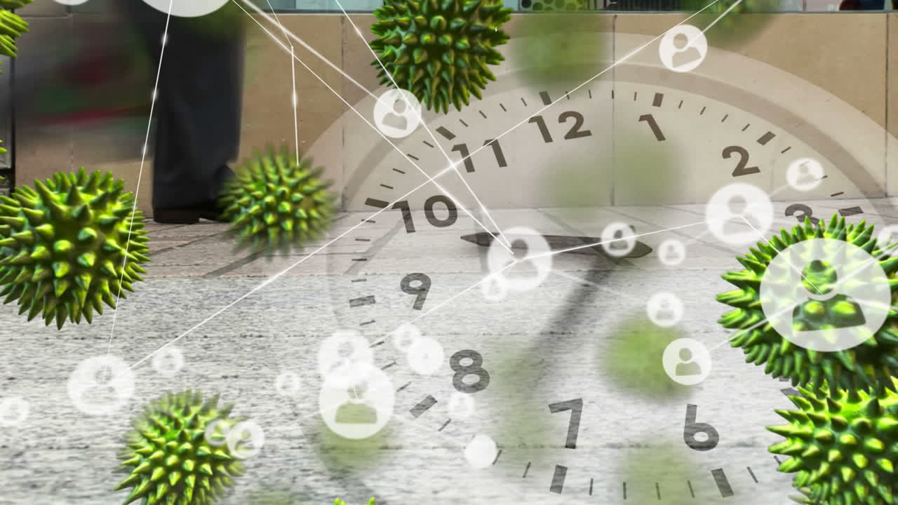 animación de células macro coronavirus covid-19 que se propagan a través de conexiones de red con iconos de personas