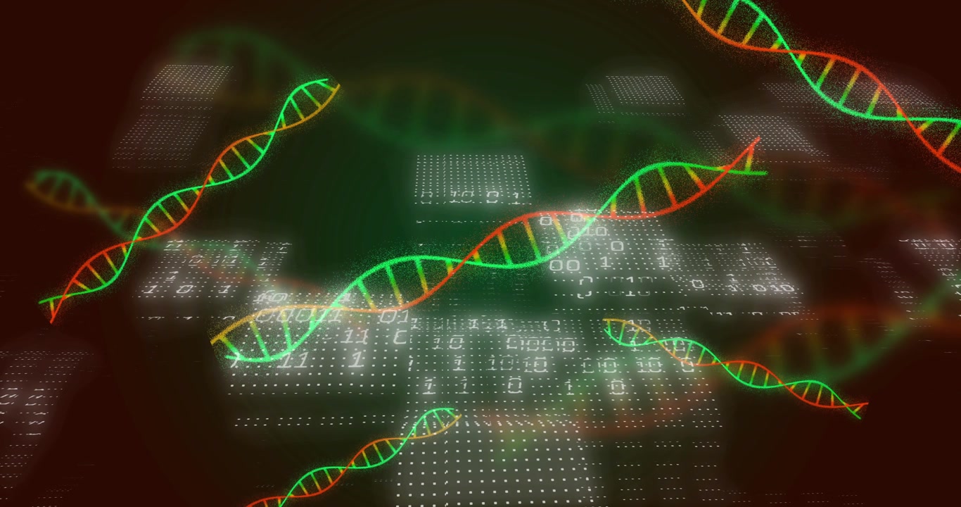 Central green orange DNA helix moving forward rotating after LED matrix pulse showing genetic data