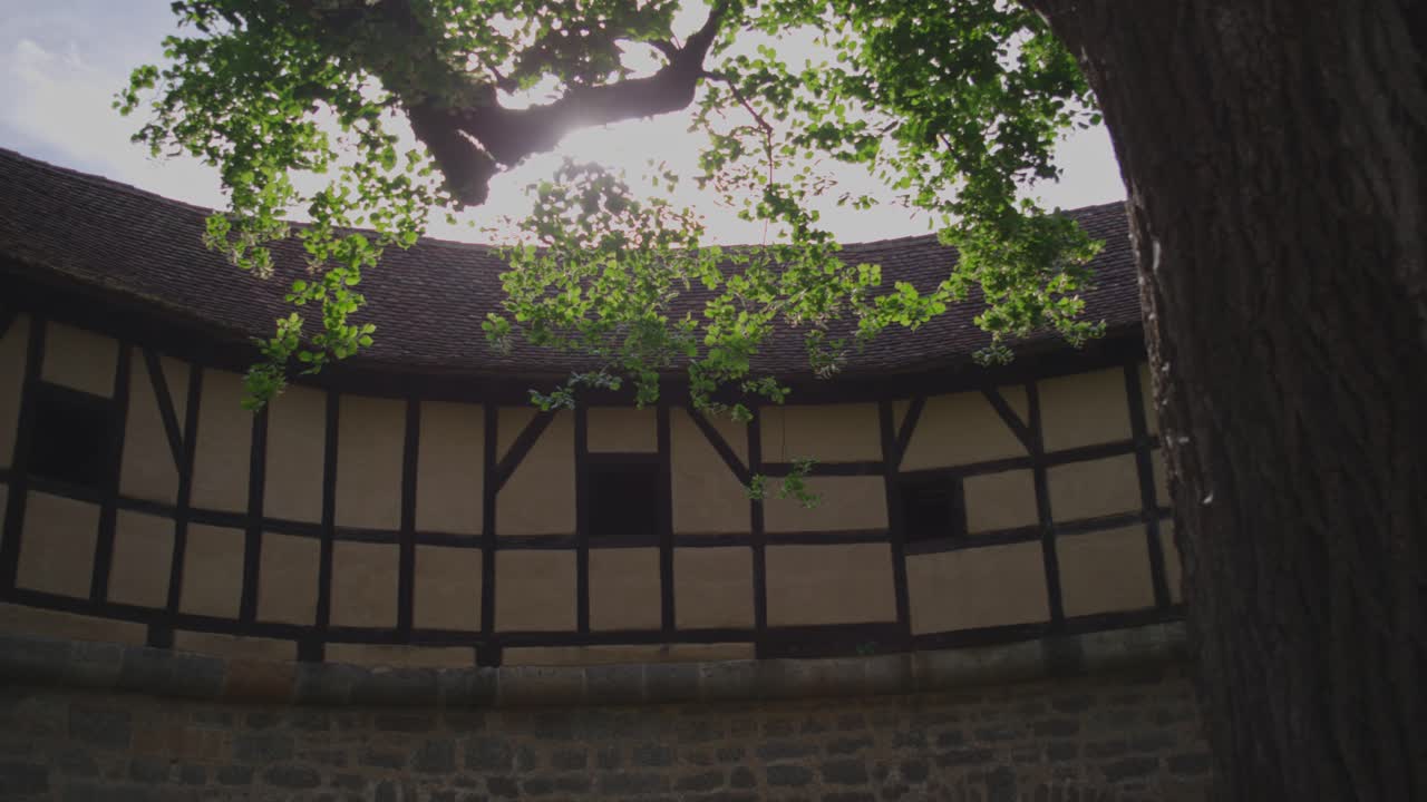 A scenic shot of a tree overlooking a historic building in Rothenburg ob der Tauber