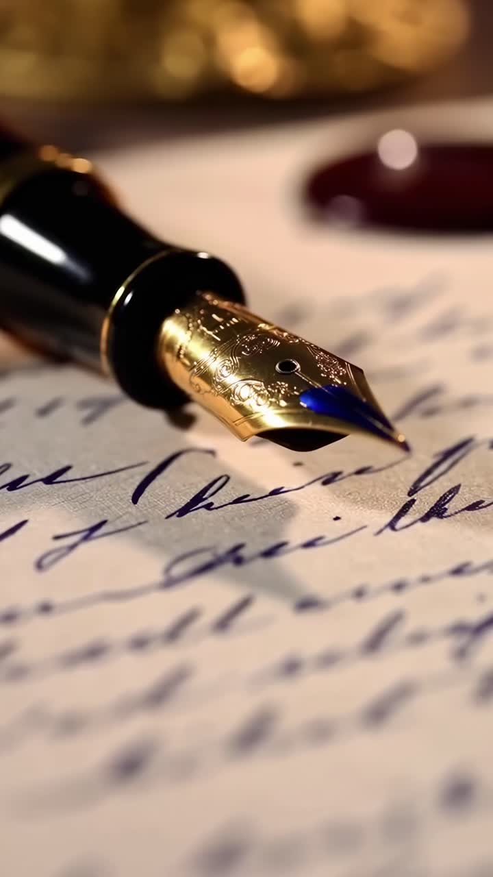 Video ravvicinato di una penna stilografica che scrive su carta, che mostra eleganza e dettagli