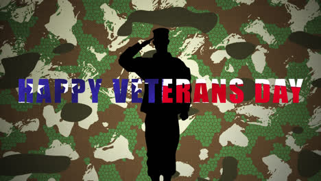 happy veterans day text over figure of soldier saluting against camouflage background