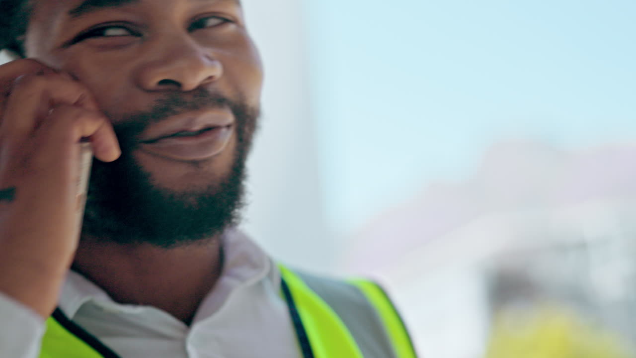 Black man, architect and face in phone call
