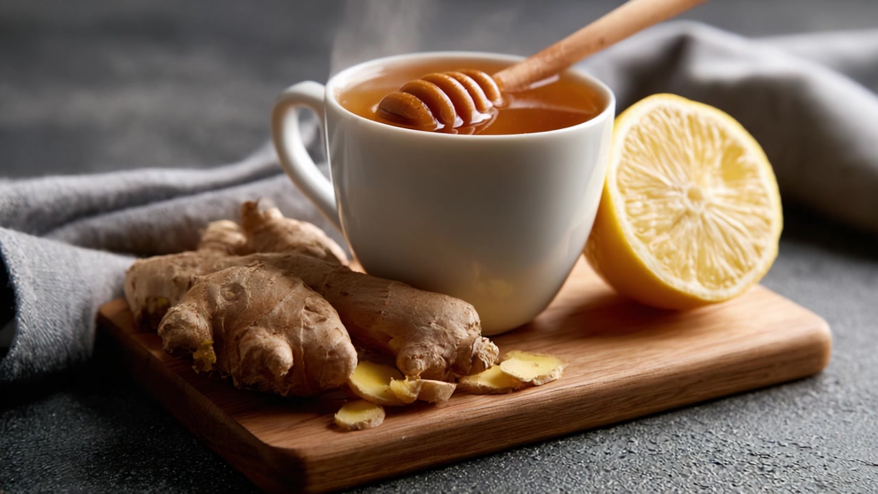 Una tazza calda di tè allo zenzero e miele con limone, poggiata su un tagliere di legno, che cattura l'essenza del comfort e della salute nelle bevande rilassanti.