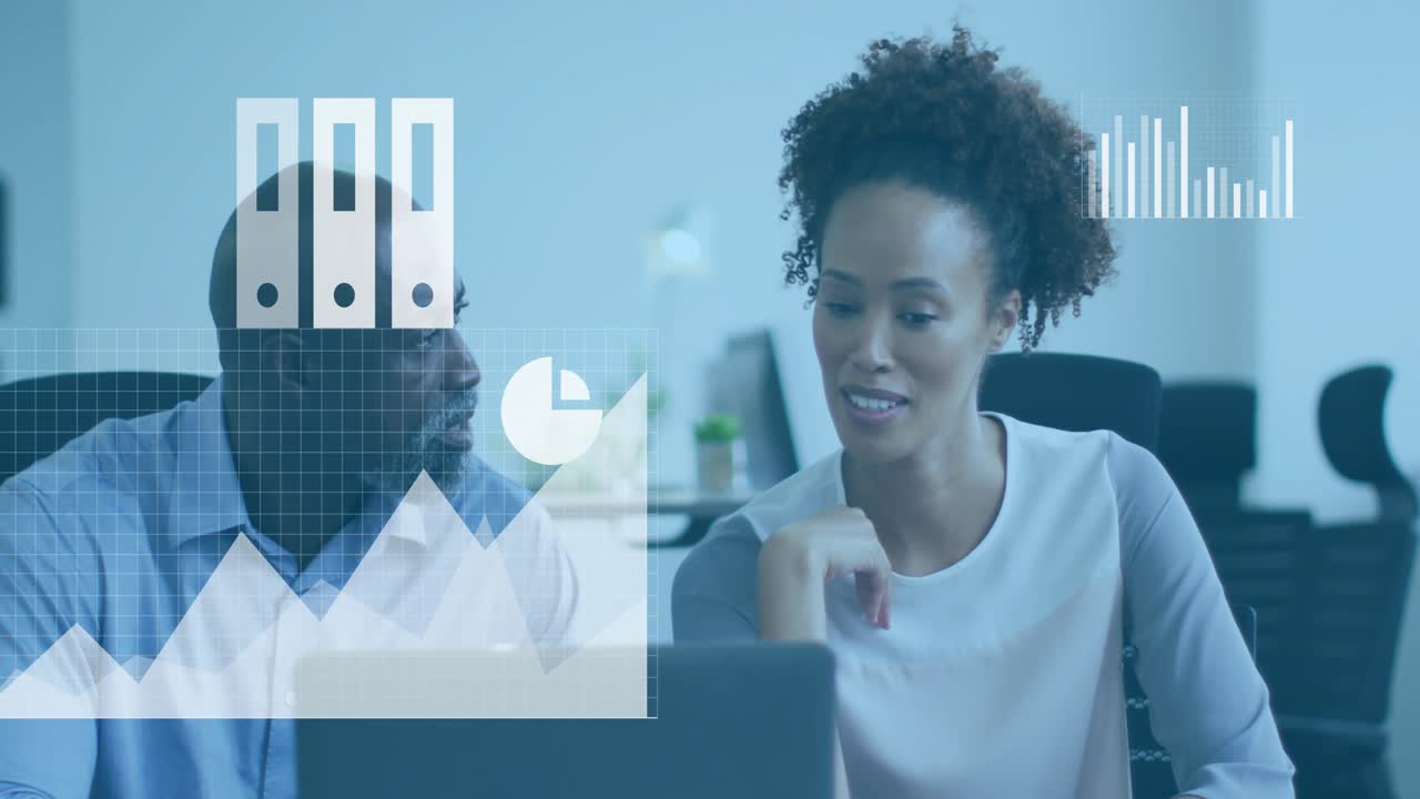 Woman pointing laptop screen causing phone transforming into cloud and charts emerging for analysis