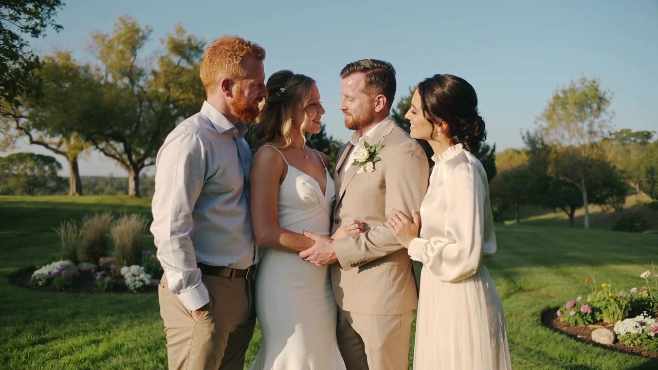 Photographer calling bride white gown groom tan suit posing, holding hands on lawn for portrait