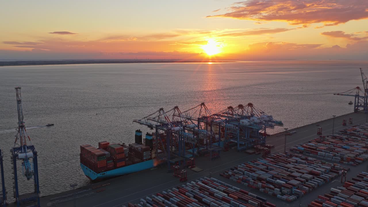 Commercial seaport with container vessels and cranes