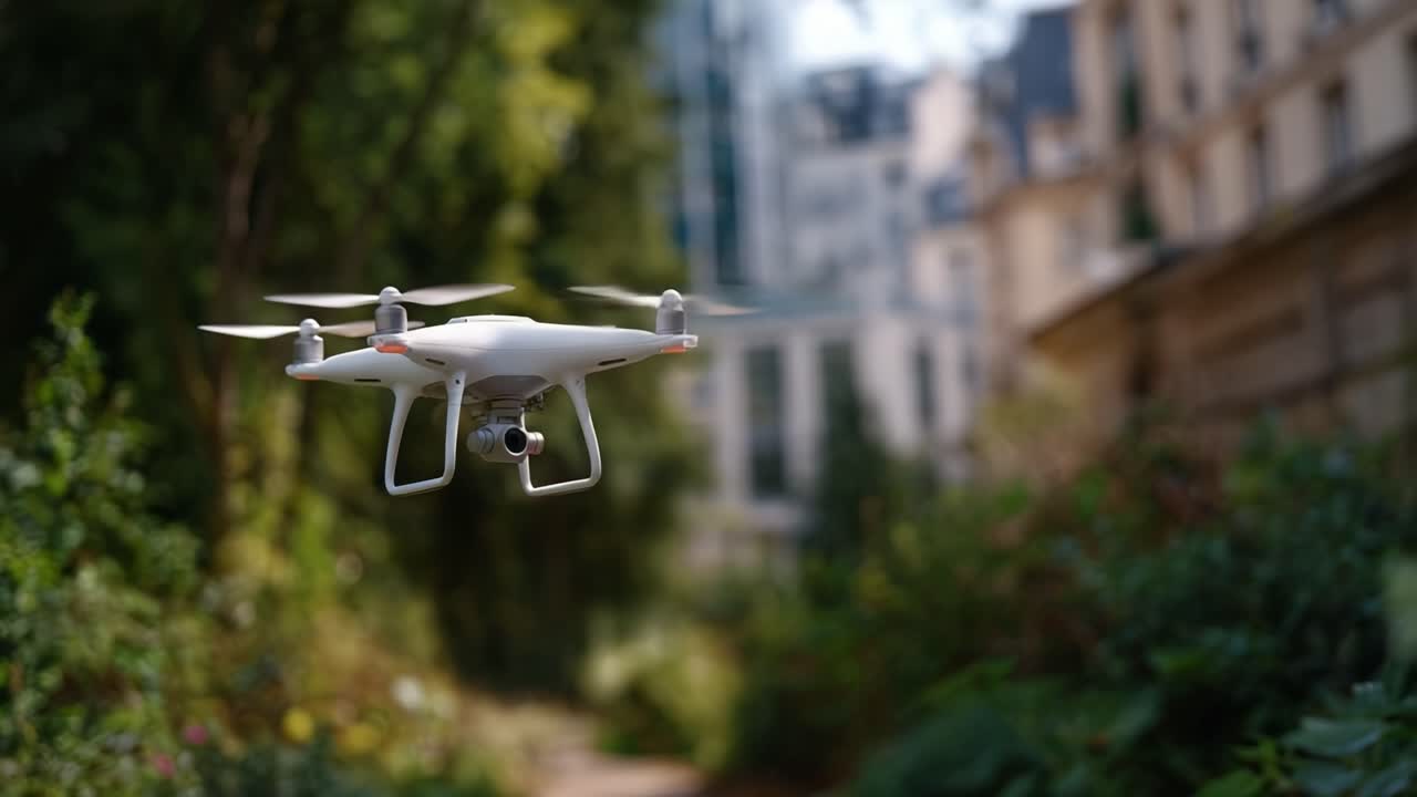Un drone bianco volteggia vicino alla vegetazione, con edifici cittadini sfocati sullo sfondo. Nessuna persona visibile. Il drone cattura riprese aeree in un contesto di parco urbano. Ideale per progetti di tecnologia, viaggi o paesaggi urbani.