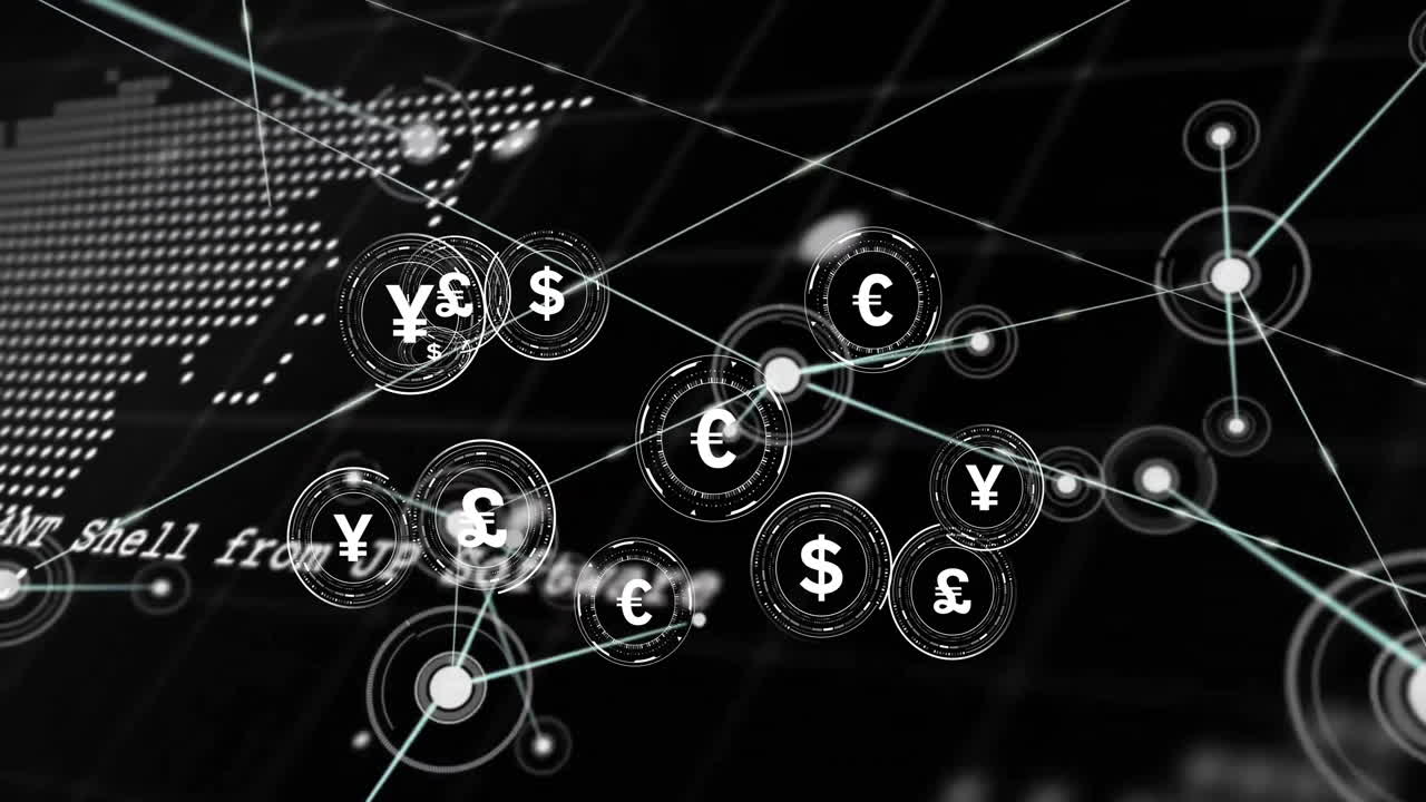 анимация связей с символами и обработкой данных на карте мира на черном фоне