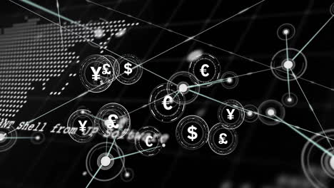 animation of connections with symbols and data processing over world map on black background