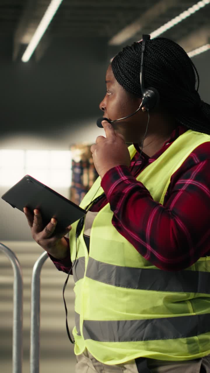 Vertical Video African american woman, customer service complaints, phone call on headset