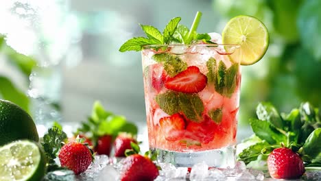 refreshing strawberry and mint cocktail sits on a bar counter, showcasing condensation forming on its chilled surface