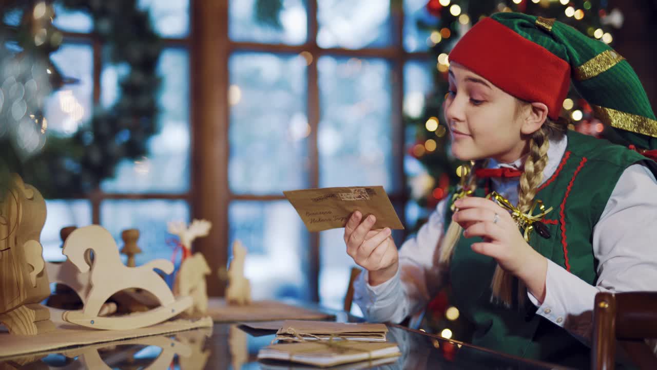 A jolly elf with admiration reads the address of the letter and is pleased about what is happening on the background of the New Year decorations near the window in the room. Blurred Background