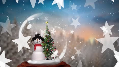 animación de nieve y estrellas sobre globo de nieve con árbol de navidad y muñeco de nieve.