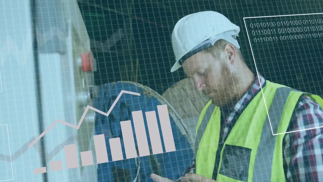 Plant tech pressing red control, adjusting wires, logging data while tablet showing animated graphs