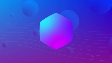 animation of blue and purple hexagon with spheres and parallel lines on blue and purple background