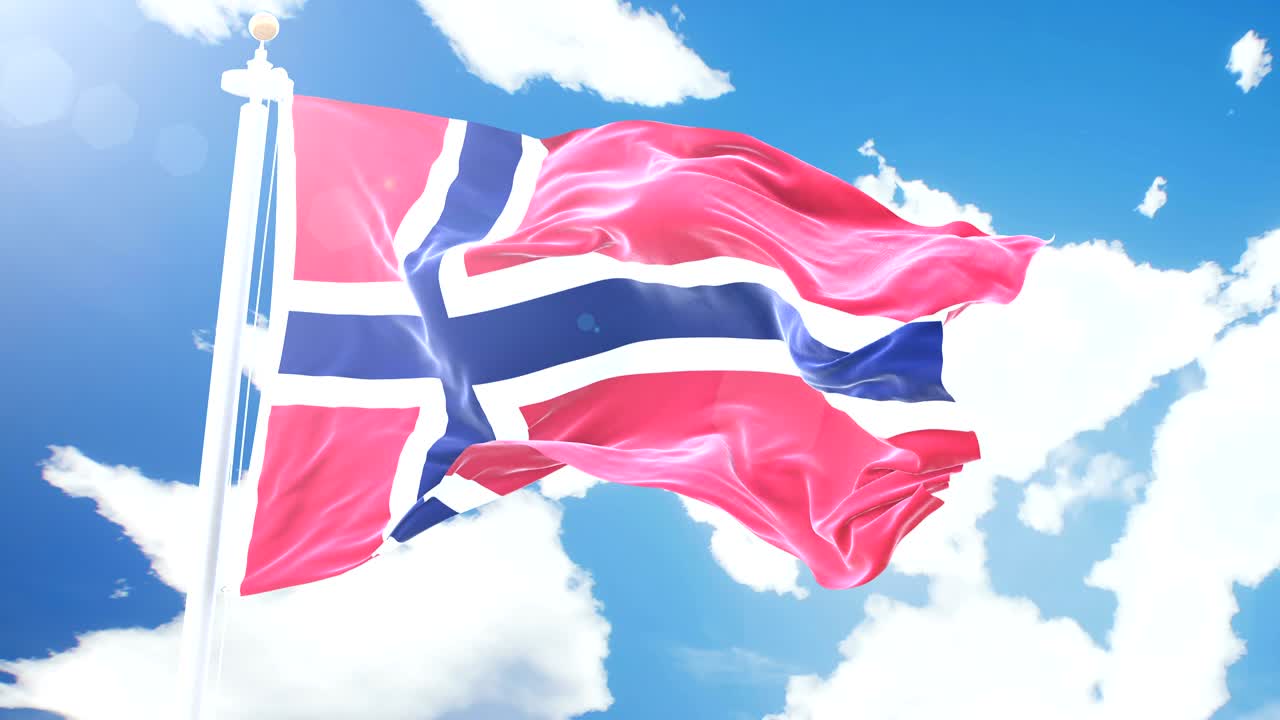 노르웨이의 현실적인 발이 타임 스 구름 배경에 흔들리고, 세부적인 직물 텍스처와 함께 4k 해상도의 완벽한 루프입니다.