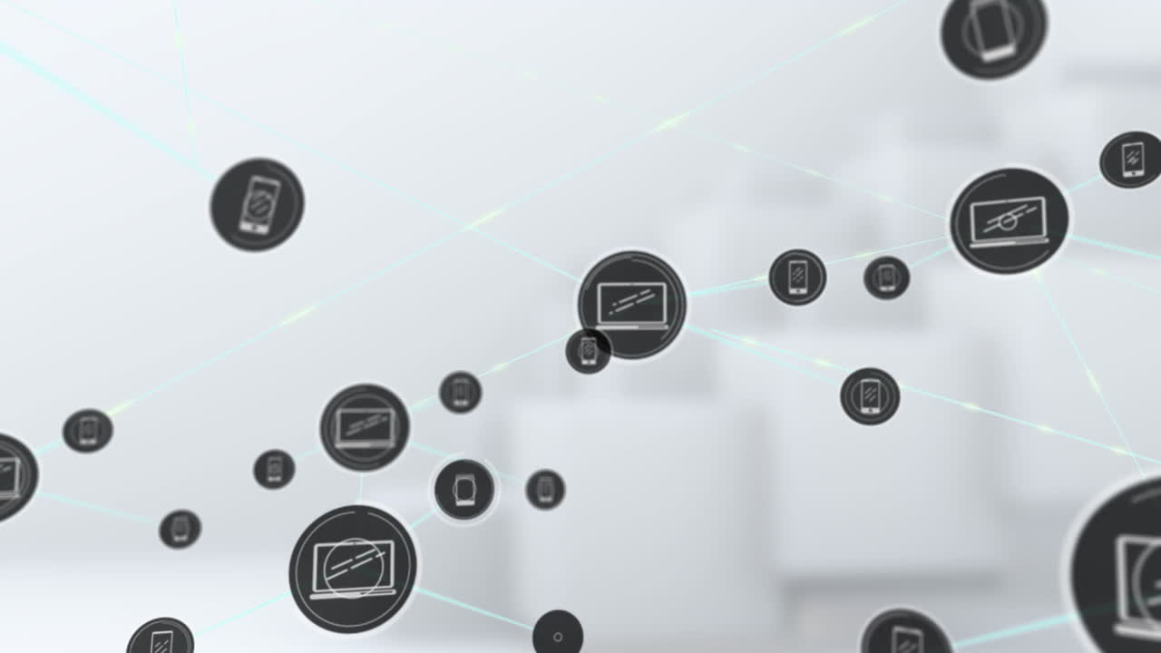 Animazione di una rete di connessioni con icone su sfondo grigio