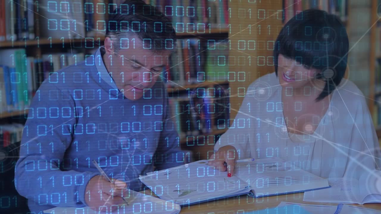 Animation of data processing and network of connections over diverse teachers in library