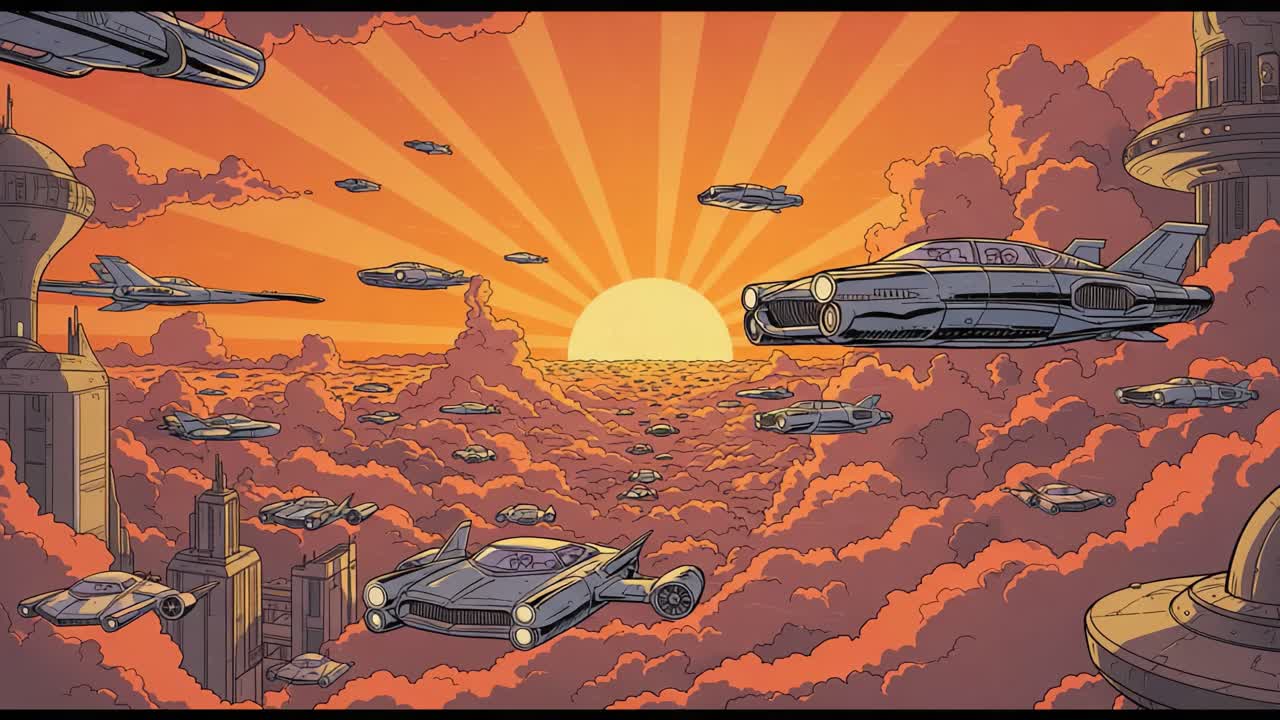 A breathtaking scene of futuristic flying vehicles soaring through a vibrant sunset sky, amidst colorful clouds and a backdrop of towering city structures, evoking a sense of adventure