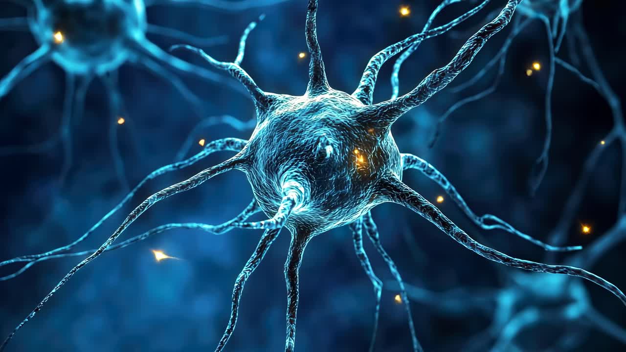 Close-up video of a neuron with glowing synapses, captured from a dynamic angle