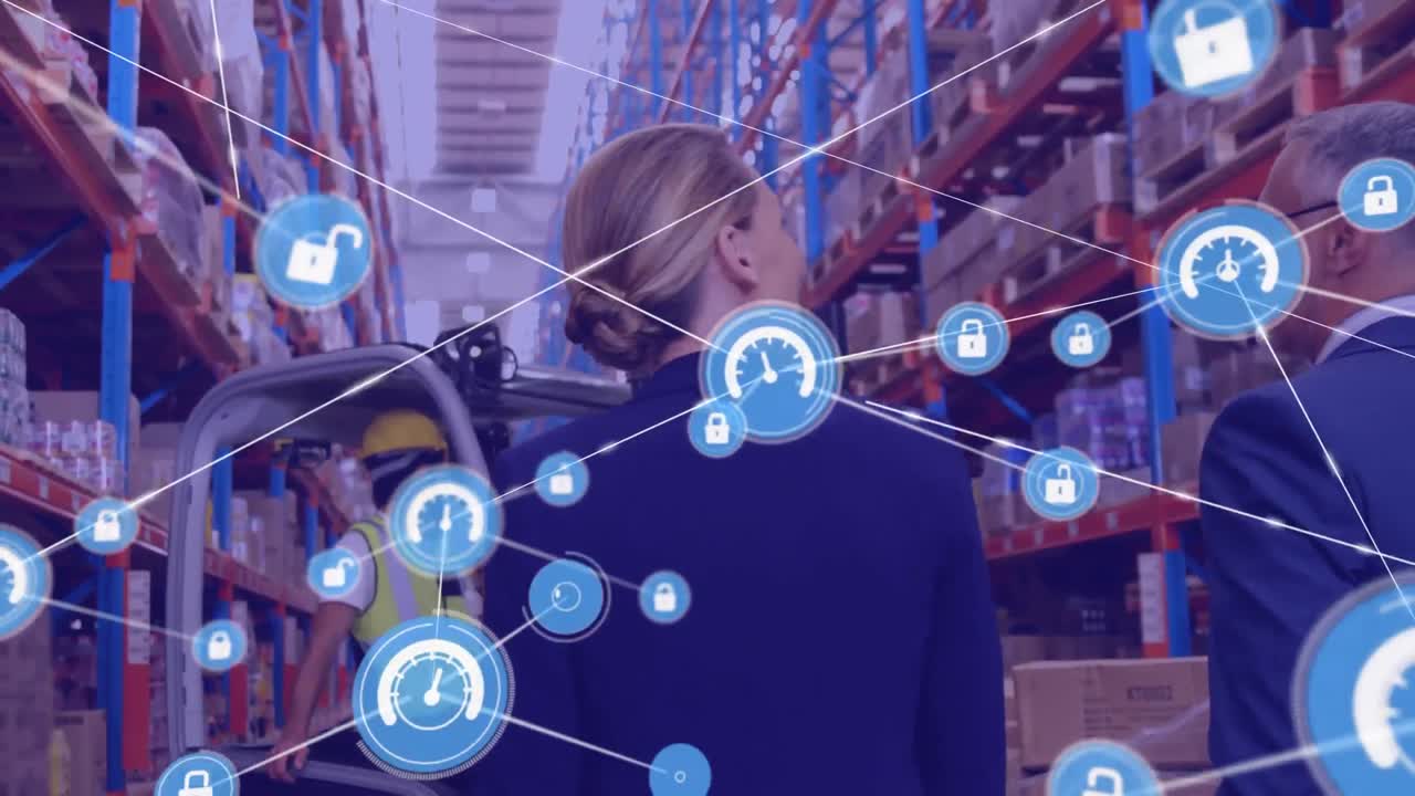 сеть цифровых икон против белых мужчин и женщин-наблюдателей, обсуждающих на складе